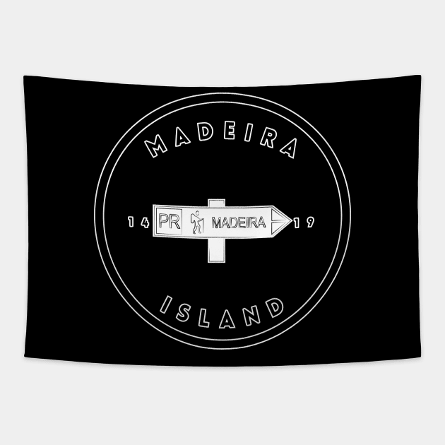 Madeira Island 1419 logo with the Recommended Walking Route sign (PR) in black & white Tapestry by Donaby