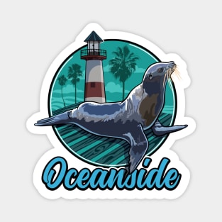 California Sea Lion at Oceanside with Palm trees and Lighthouse Magnet