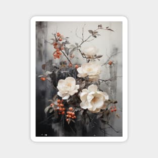 Painting of White Camellias and Berries Magnet