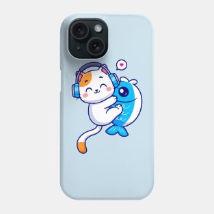 Cute Cat Hug Fish With Headphone Cartoon Phone Case