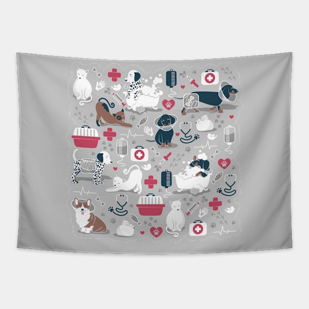 Veterinary medicine, happy and healthy friends // grey background red details navy blue white and brown cats dogs and other animals Tapestry by SelmaCardoso