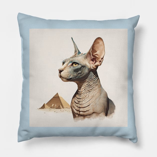 Illustration of a grey sphinx cat looking away against the pyramids on the beige background Pillow by KOTYA