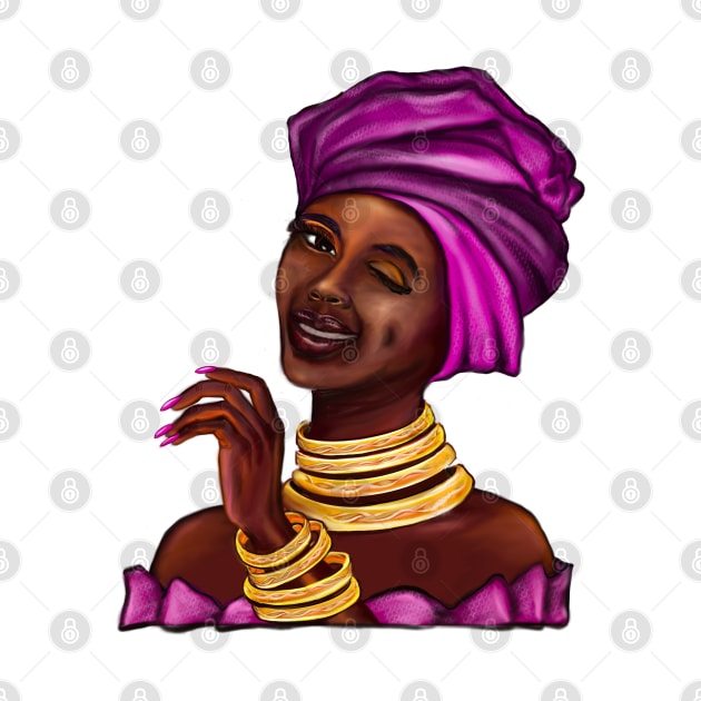 Queen wink side eye Black is beautiful black girl with Gold bangles, neck ring necklace, purple dress and head wrap, brown eyes and dark brown skin ! by Artonmytee