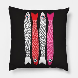 ANCHOVIES Bright Graphic Fun Groovy Fish in White Red Pink - Vertical Layout - UnBlink Studio by Jackie Tahara Pillow