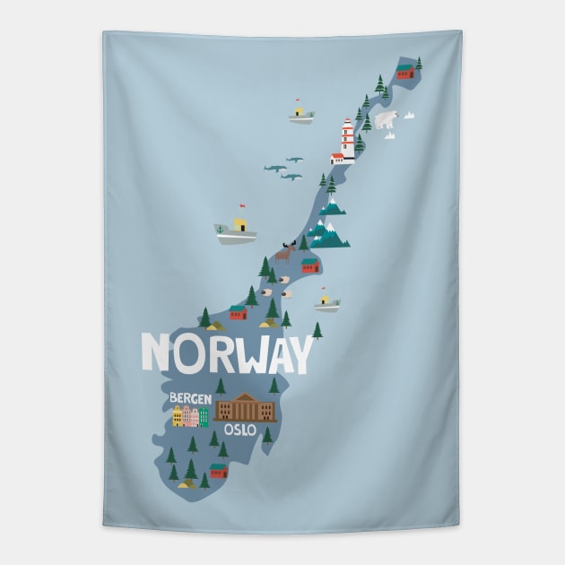 Norway Illustrated Map Tapestry by JunkyDotCom