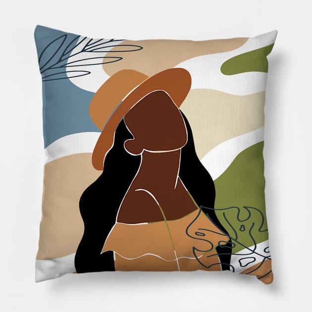 Set of 4 posters abstract female and leaves silhouettes in boho style, Collection of paradise women Pillow by Modern Art