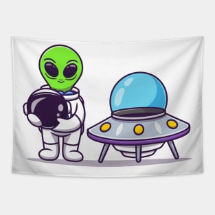 Cute Astronaut Alien Holding Helmet With Spaceship UFO Tapestry