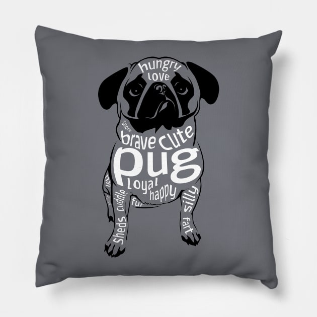 Pug Word Cloud Design for Pug Lovers Pillow by bbreidenbach