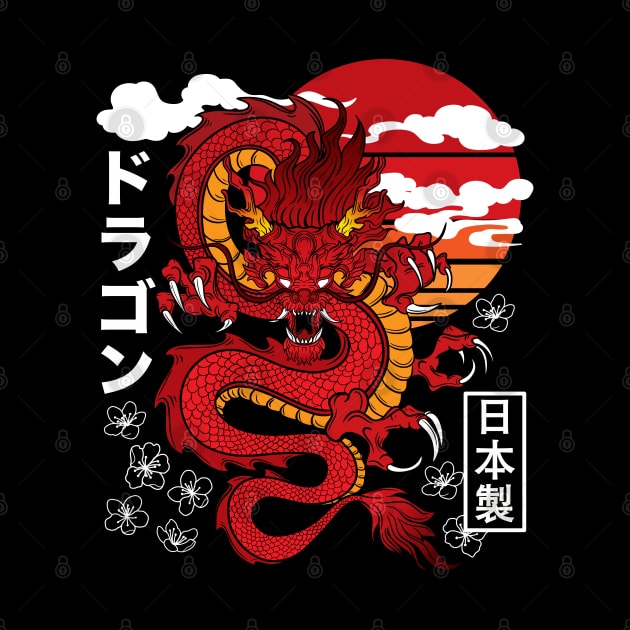 Japanese Red Dragon Asian Tattoo Inspired Retro 80s Style by DetourShirts