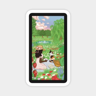 cottagecore illustration girl and cat picnic meadow Magnet