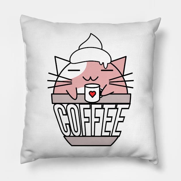 Meowcha in cup pink Pillow by coffeewithkitty