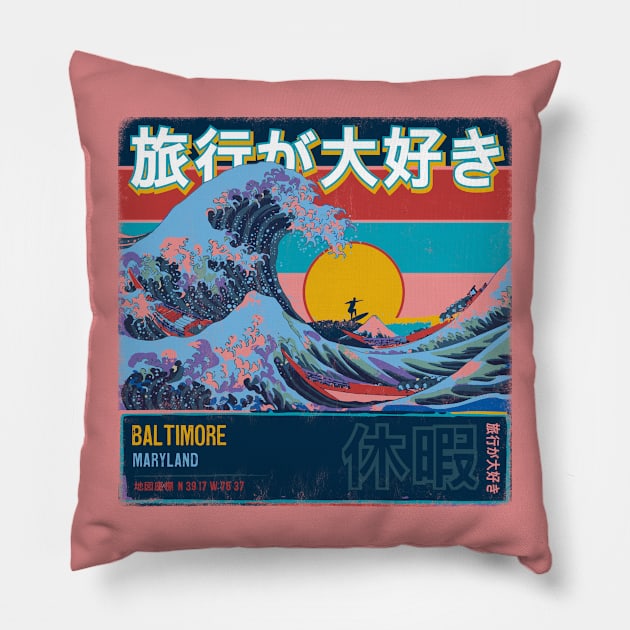 Baltimore, Maryland, United States of America, Japanese Wave Travel Pillow by MapYourWorld