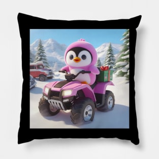 Penguin riding atv through snow Pillow