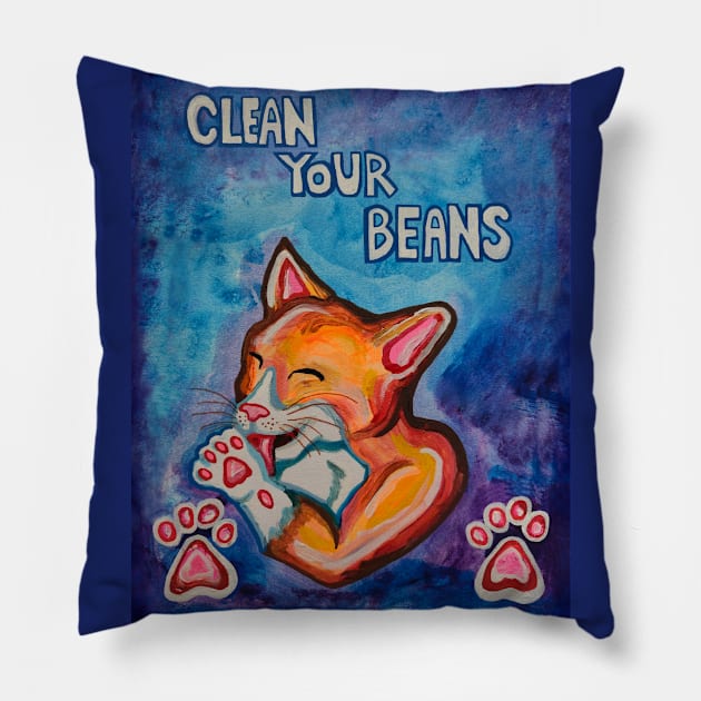 Clean Your Beans Kitty Cat Pillow by Art by Deborah Camp