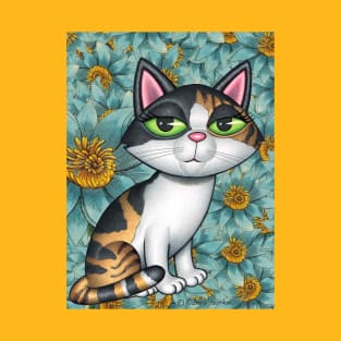 Cute Calico Kitty Cat with yellow and green flowers T-Shirt