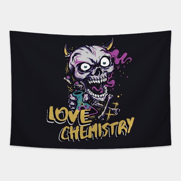 Love Chemistry crazy Laboratory Skull Tapestry by Foxxy Merch