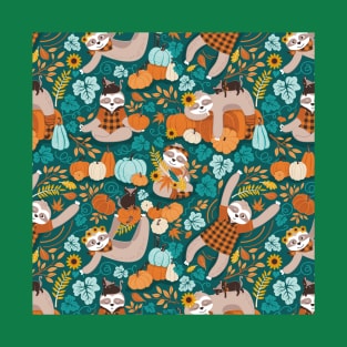 Sloths in pumpkin mood // pattern // green background orange teal and aqua autumnal pumpkins fall leaves shepherd’s check yellow sunflowers T-Shirt