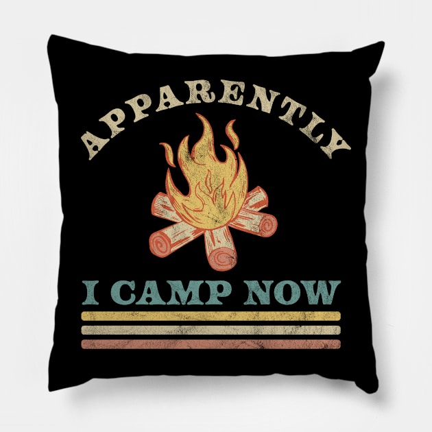 Apparently I Camp Now Funny First Time Camping Vintage Pillow by OrangeMonkeyArt