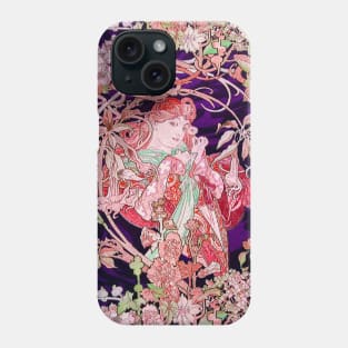 Woman with Daisy Among Pink Flowers ,Wild Roses,Floral Swirls Art Nouveau Portrait Phone Case