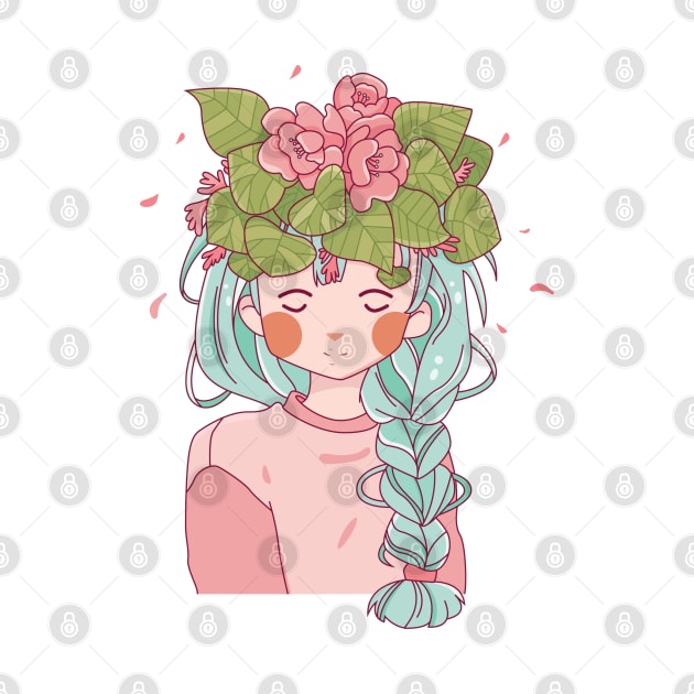 Beautiful Blue Hair Girl in pink top with Floral head dress by TinPis