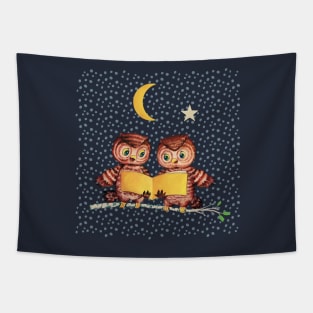 Baby owls reading a bedtime story Tapestry