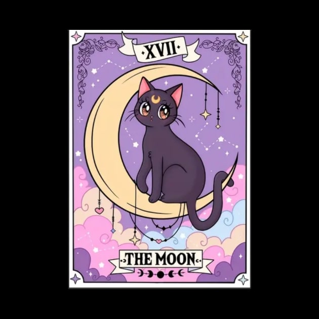 Japanese anime cat sitting on a crescent moon by LukjanovArt