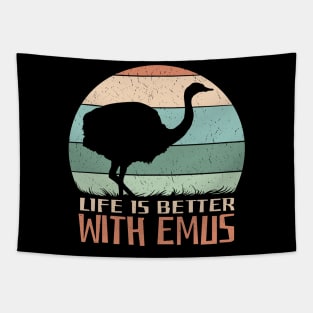 emu with a retro sunset background and the quote "Life is better with emus" Best emu lovers gift Tapestry