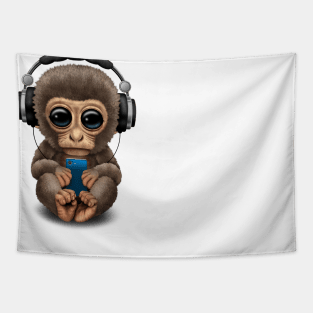 Cute Baby Monkey With Cell Phone Wearing Headphones Tapestry