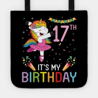 Happy Unicorn Dancing Congratulating 17th Time It's My Birthday 17 Years Old Born In 2004 Tote