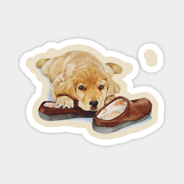 cute puppy golden retriever cuddling slippers Magnet by pollywolly