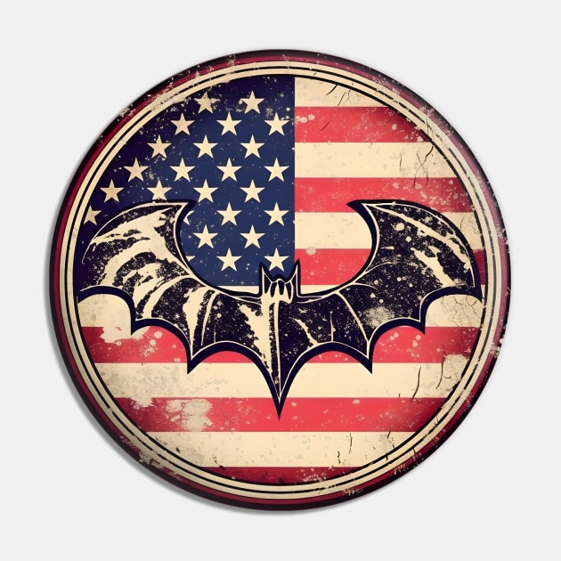 Black bat silouhette on a distressed american flag Pin by Clearmind Arts