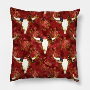 Bull skull and roses - burgandy Pillow