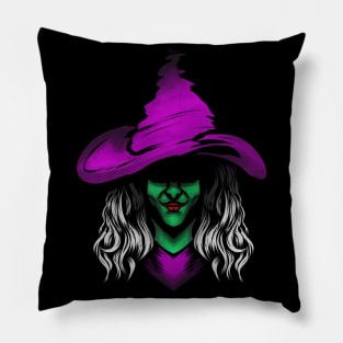 Evil Witch With Green Skin And Purple Hat For Halloween Pillow