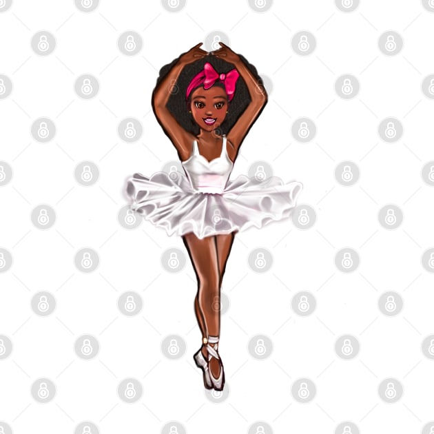 African American ballerina in white tutu and pink bow -#008 afro hair,brown skin ballerina by Artonmytee