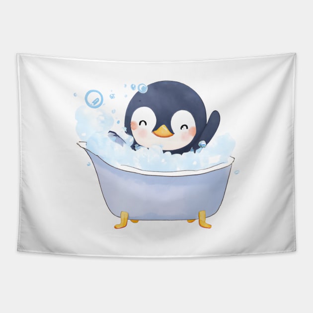 Cute Baby Penguin Bathtub Tapestry by Zenflow
