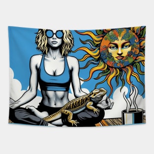 Zen Woman Meditating with her Beardie Tapestry