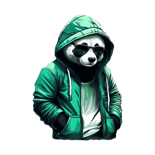 Cool Panda with Green Hoodie and Sunglasses T-Shirt