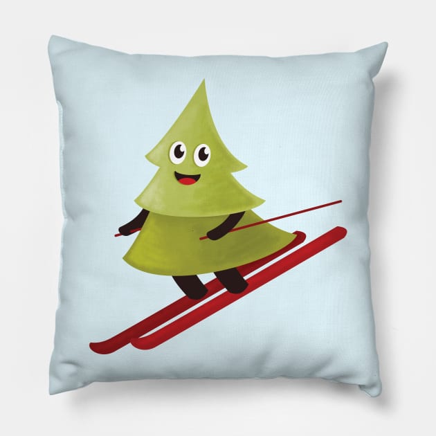 Cute Skiing Pine Tree Pillow by Boriana Giormova
