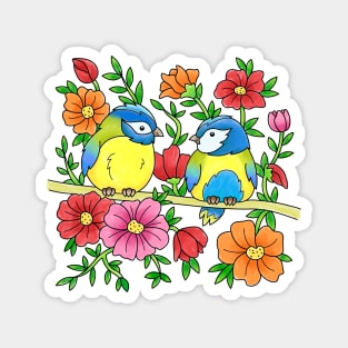 Cute Blue Tit Bird Couple Blue Tits Flowers Spring Summer Design Magnet