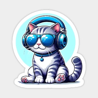 Cute cat wearing blue headphone and sunglass enjoying music Magnet