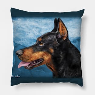 Gorgeous Doberman Painting on Blue Background Pillow