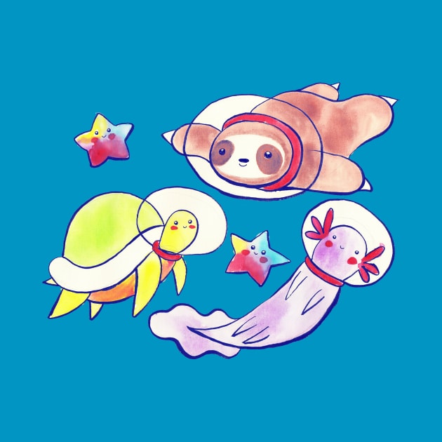 Space Sloth Turtle and Axolotl by saradaboru