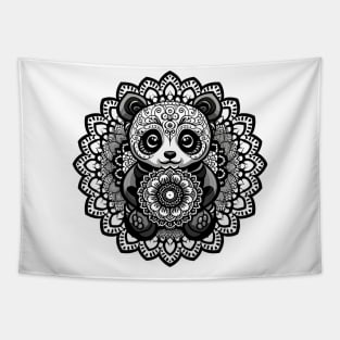 Cute baby black panda mandala art design Tapestry