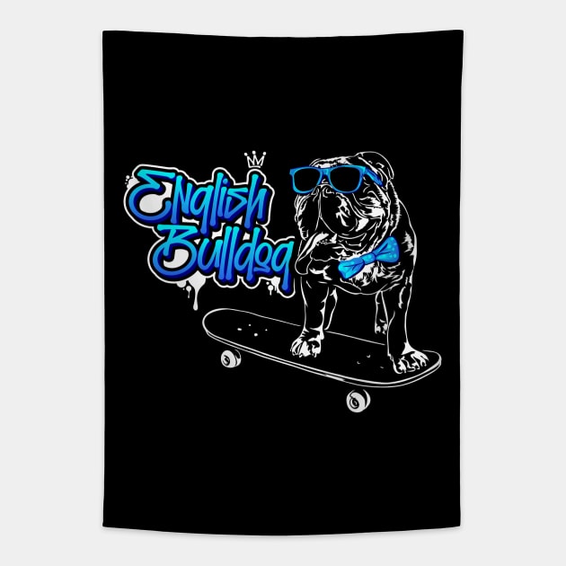 Funny English Bulldog skateboard dog portrait Tapestry by wilsigns