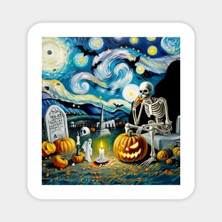 Night at the Cemetery with Skeleton and Pumpkin: Halloween in the style of Van Gogh Magnet