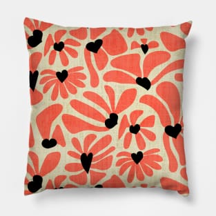 Retro Whimsy Daisy Hearts- 70s Flower Power- Coral Black Valentine Floral Pillow