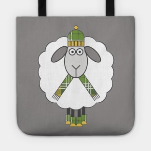 Cosy Winter Sheep With Green and Yellow Tartan Hat, Scarf and Boots Tote