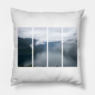 Wonderful landscapes in Norway. Vestland. Beautiful scenery of Geiranger Fjord from the Ljoen viewpoint. Rainy day Pillow