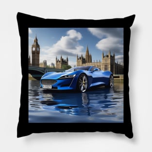 A Blue Sports Car Floating On The River Thames Pillow