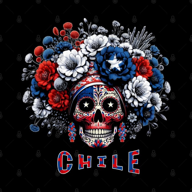 Santiago Chile Neon Sugar Skull Chilean Flag Style Graphic by Sambastyles